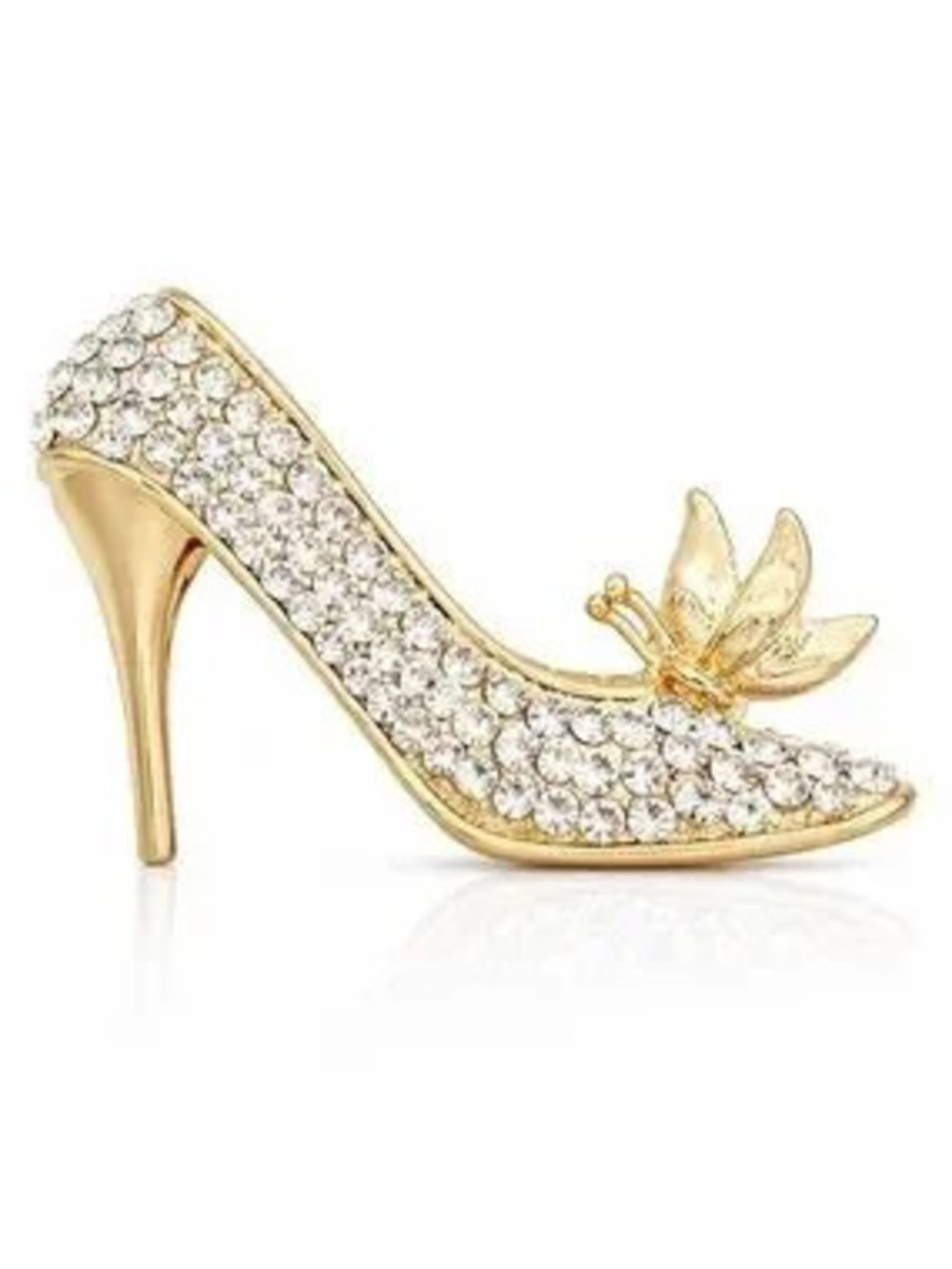 Gold Crystal High Heel Brooch with Butterfly Accent - Gold Tone